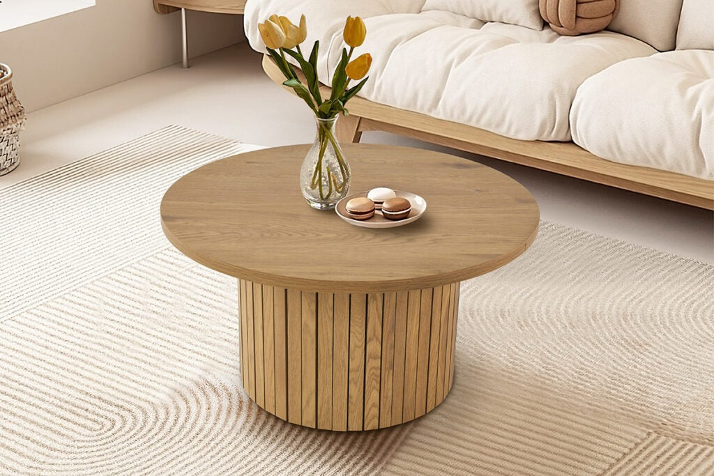 Modern Round Wooden Coffee Table – Warm & Inviting