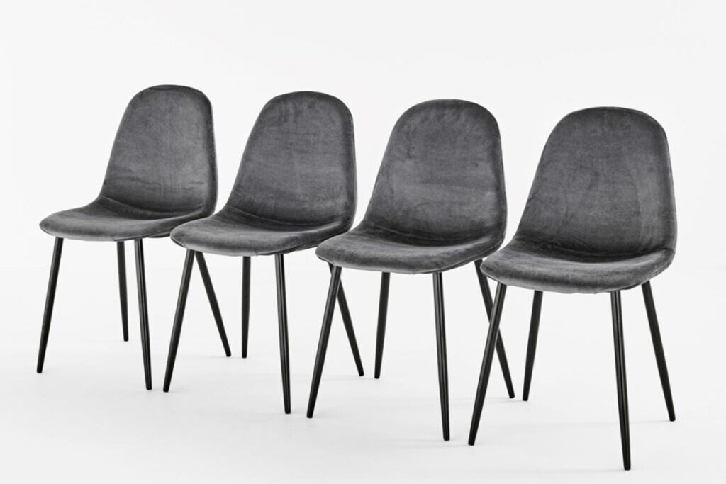 Set of 4 Grey Plush Velvet Dining Chairs – Modern Elegance with Steel Legs