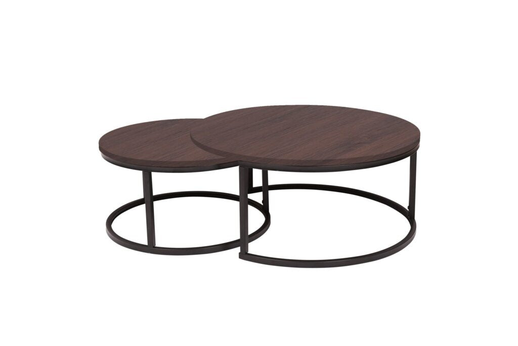 Modern Nesting Coffee Table Set – Dark Wood & Black Metal Frame